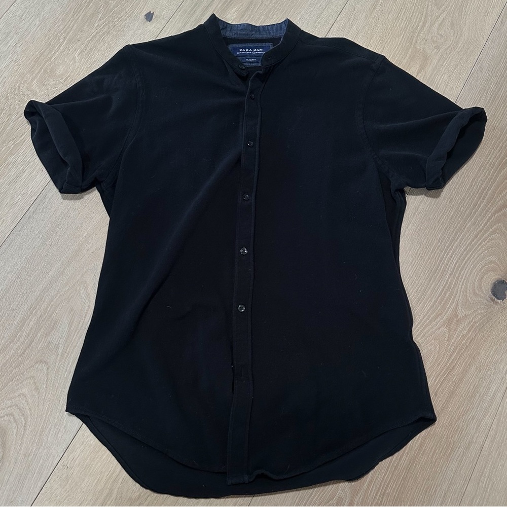 ZARA MAN Slim Fit Madarin Collar Short Sleeve Button Up Size Medium